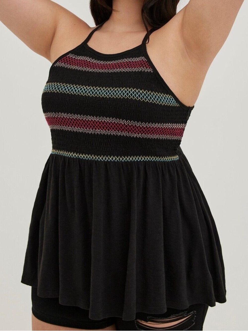 torrid Black Tank Top with Multicolor Smocked Bodice